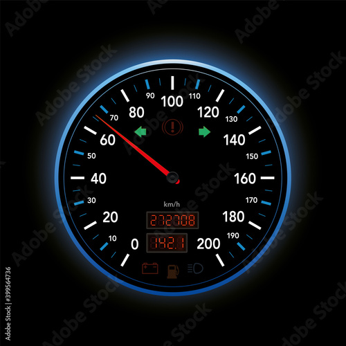 Speedometer, modern car display from zero to 200 kmh, with red pointer, digital mileage, turn signal indicator and warning lights. Isolated vector illustration on black background.
