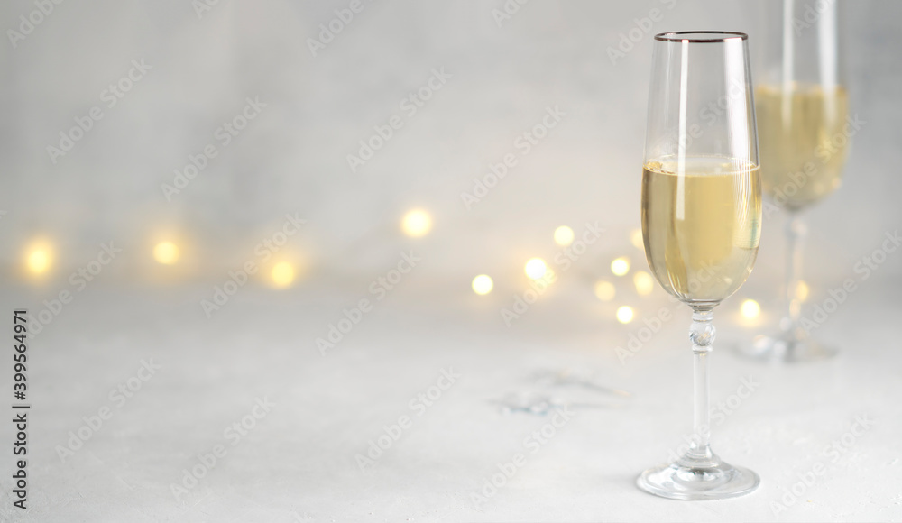 Color of the year 2021: grey and yellow. Two glasses of champagne. 