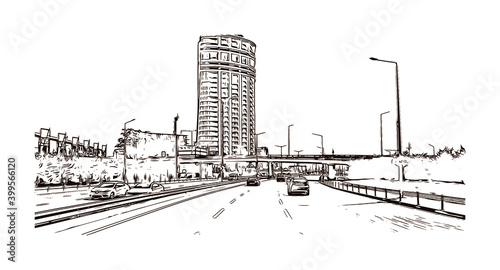 Building view with landmark of Istanbul is a major city in Turkey. Hand drawn sketch illustration in vector.