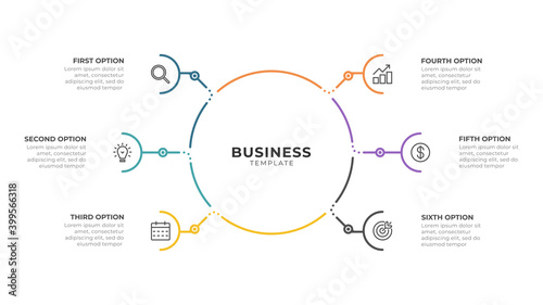 Vector infographic template thin line design with icons. Business concept with 6 options or steps. Can be used for workflow diagram, info chart, info graph.
