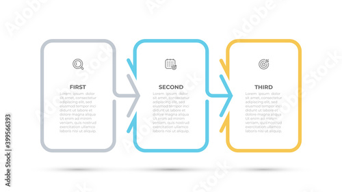 Business infographic template design element with arrow and icons. Timeline with 3 options or steps. Vector illustration. 