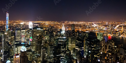 New York City Skyline at Night. Panoramic View of Manhattan, New York. Beautiful, Illuminated, Futuristic Buildings. 