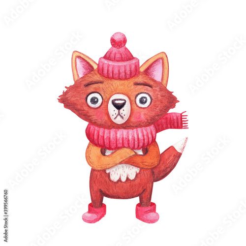 Fototapeta Naklejka Na Ścianę i Meble -  Cute winter watercolor fox in clothes - a knitted hat, scarf and ugg boots - bulges his eyes from the cold, he froze.