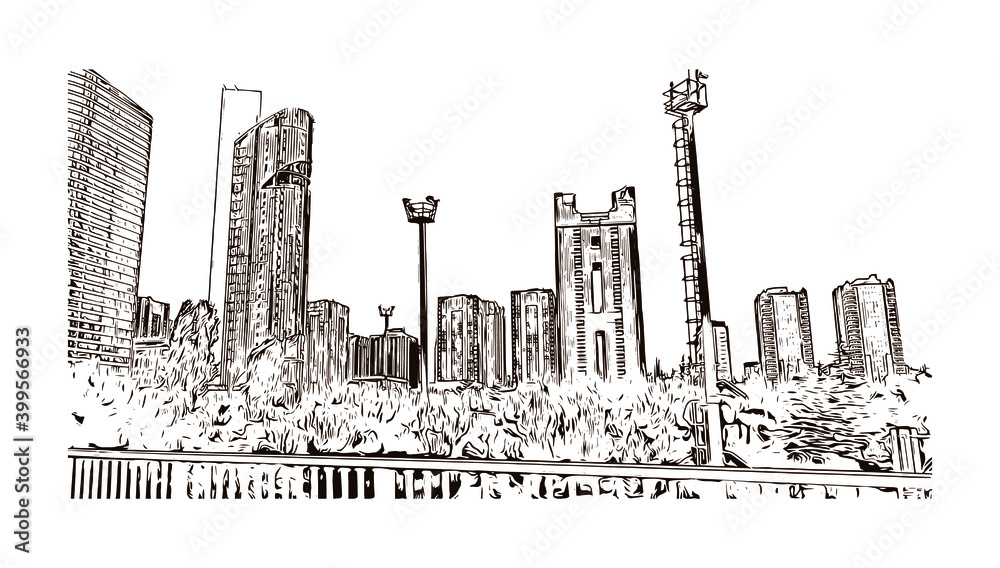 Fototapeta Building view with landmark of Istanbul is a major city in Turkey. Hand drawn sketch illustration in vector.