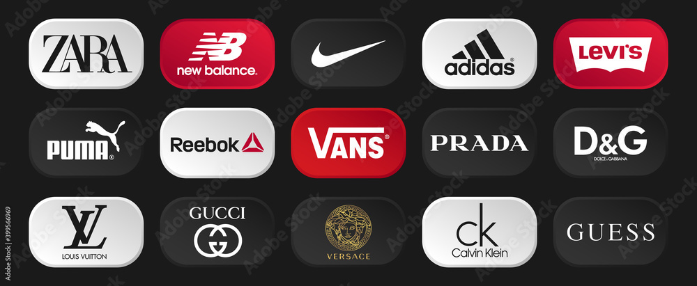 15 Popular Clothing Brand Logos. Nike, adidas, gucci, versace, zara logo  vector. Stock Vector | Adobe Stock