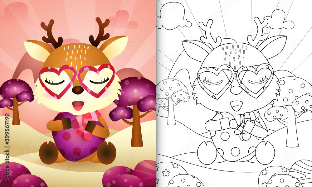 Naklejka premium coloring book for kids with a cute deer hugging heart themed valentine day