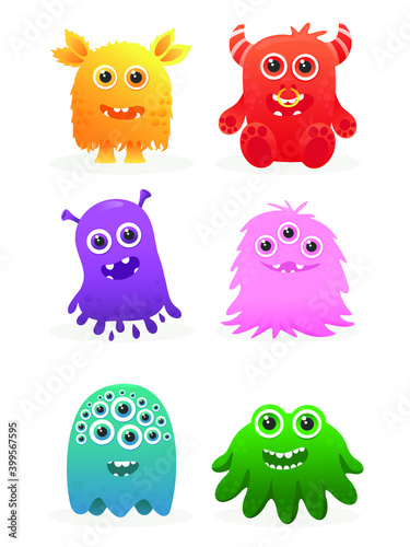 Cute cartoon scary monsters character. Colorful monsters  silhouette icon set Eyes  tongue  tooth canine  hands up. Vector illustration