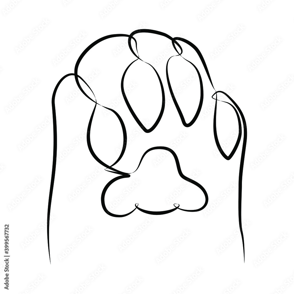 Cat paw in one line. Black line vector illustration on white background