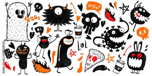 Set of funny doodles with monsters. Doodle monsters characters on white background. Monsters and ghosts hand draw style. Collection of monsters silhouettes. Vectro illustration
