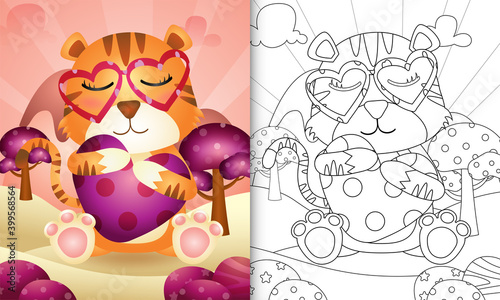 Fototapeta Naklejka Na Ścianę i Meble -  coloring book for kids with a cute tiger hugging heart themed valentine day