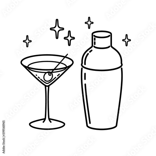 Martini Glass With Olive Shaker Outline. Icon Vector Illustration.