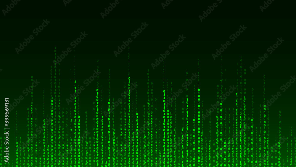 Green matrix background. Falling numbers on screen. Technology stream binary code. Digital vector illustration. Hacking concept.