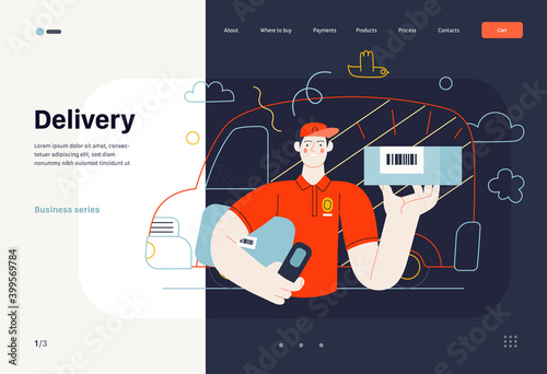 Business topics - shipping, web template. Flat style modern outlined vector concept illustration. A young man, delivery guy holding a parcel with barcode. Delivery truck behind. Business metaphor.