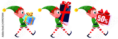 Cute Christmas elf with presents. Cute Santa Claus helpers to elves. Dwarf elves fun characters santa helper, christmas little green helper.  Happy New Year, Merry Christmas and elves. Vector illustra