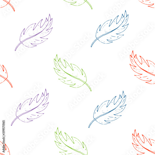 Seamless pattern contour of colors feathers. Hand drawing. Vector illustration. boho style. white background. © Iuliia  Emelianova