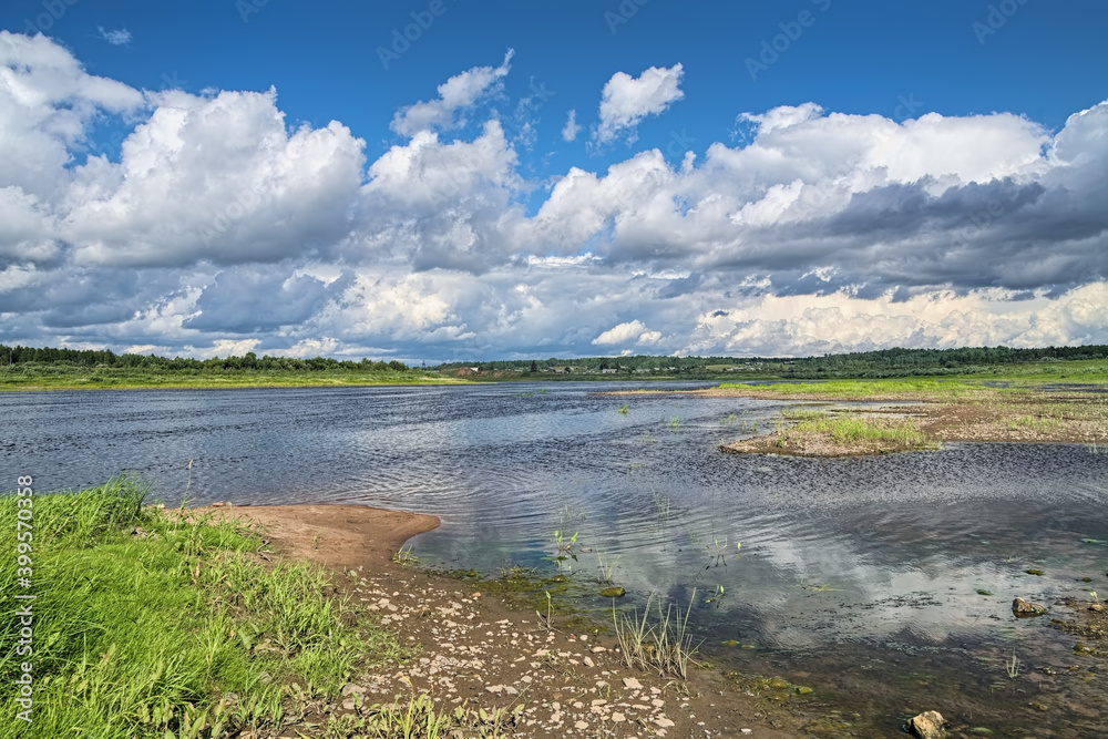Onega river close to Proshkovo village in Onezhsky District of Arkhangelskaya Oblast in summer, Russia