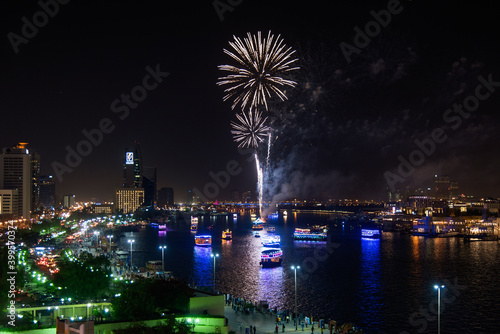 Photography Fireworks over Dubai creek in Deira to celebrate the end of Ramadan in Dubai
