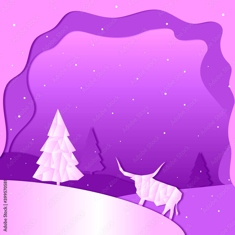 New Year card with the effect of cutting out of paper in purple and pink shades. White metal bull symbol of 2021.