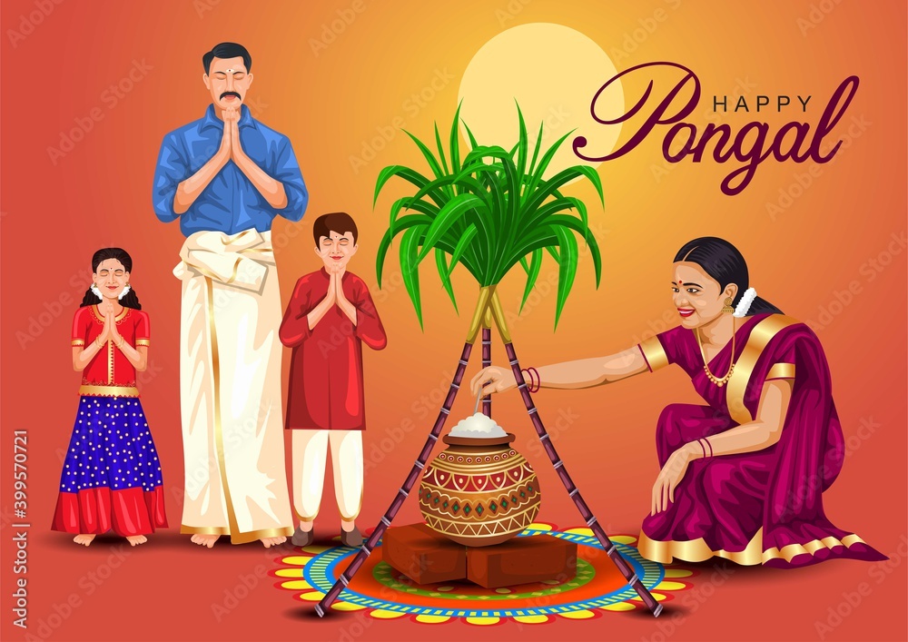Happy Pongal celebration with sugarcane, Rangoli and pot of rice. Tamil