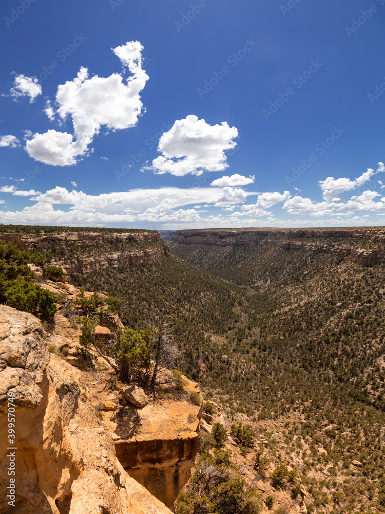  Mesa Verde National Park, Colorado, USA. Canyon landscape, blue sky with clouds, sunny summer day 