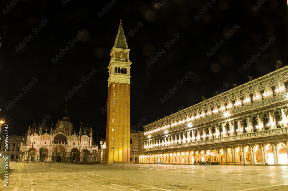 San Marco square in nightlight during Christmas time and Covid-19 pandemic