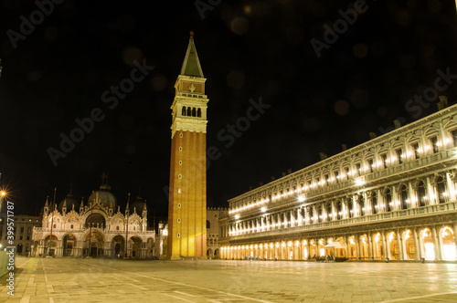 San Marco square in nightlight during Christmas time and Covid-19 pandemic photo