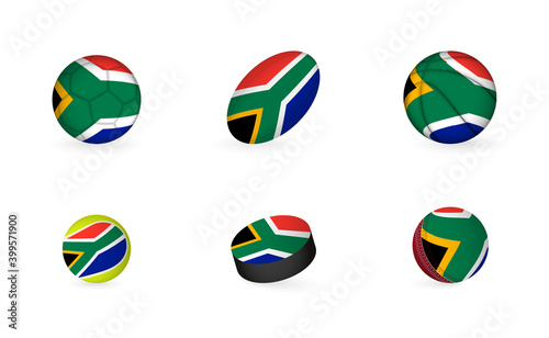 Sports equipment with flag of South Africa. Sports icon set.