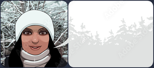 cartoon talking girl in a hat in a winter forest next to a speech bubble