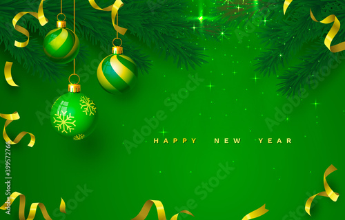 Merry Christmas Happy New Year tree with toys, card banner. Vector