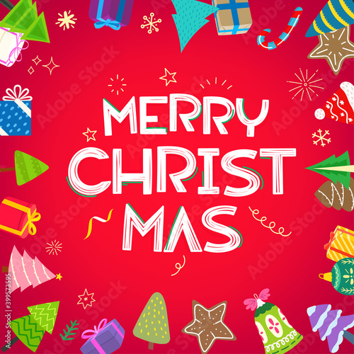 Merry Christmas vector banner with doodle elements