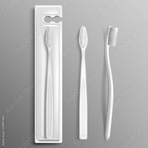 Toothbrush package mockup, dental care and oral hygiene stomatological products, toiletries packing white templates, tooth brush isolated on grey background. Realistic 3d vector illustration, mock up
