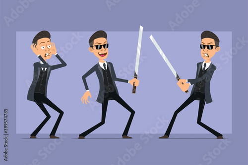 Cartoon flat funny mafia man character in black coat and sunglasses. Boy angry, holding and fighting with asian samurai sword. Ready for animation. Isolated on violet background. Vector set.