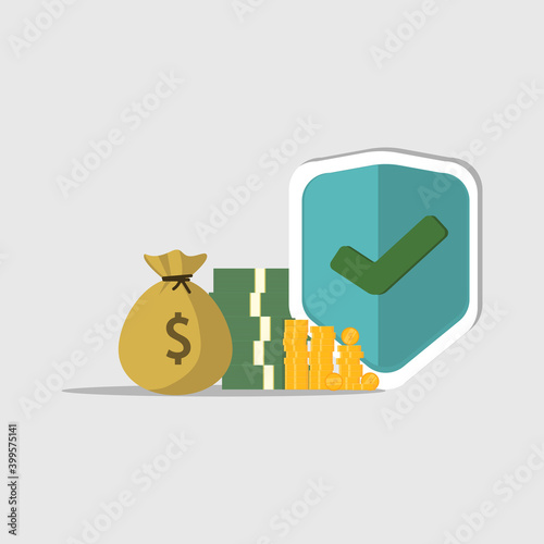 illustration of money security insurance, with collection of money and shield, flat design vector