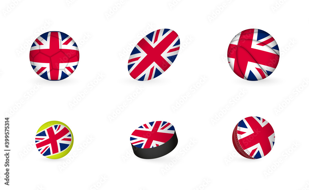 Sports equipment with flag of United Kingdom. Sports icon set. Sports equipment with flag of United Kingdom. Sports icon set.