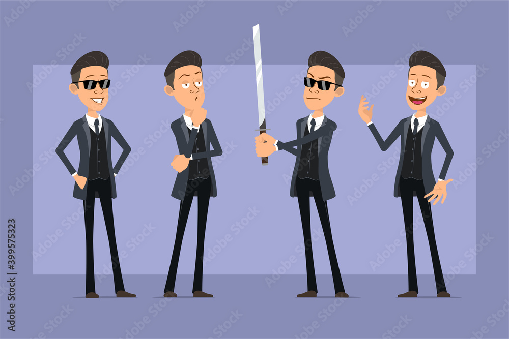 Cartoon flat funny mafia man character in black coat and sunglasses. Boy thinking, posing and holding asian samurai sword. Ready for animation. Isolated on violet background. Vector set. Cartoon flat funny mafia man character in black coat and sunglasses. Boy thinking, posing and holding asian samurai sword. Ready for animation. Isolated on violet background. Vector set.
