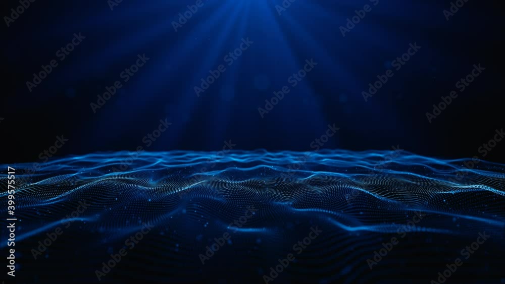 Abstract digital blue wave with particles dance moving and light abstract background. Cyber or technology black background.
