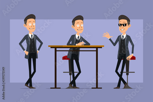 Cartoon flat funny mafia man character in black coat and sunglasses. Boy standing, posing and showing Hello gesture. Ready for animation. Isolated on violet background. Vector set. © GB_Art