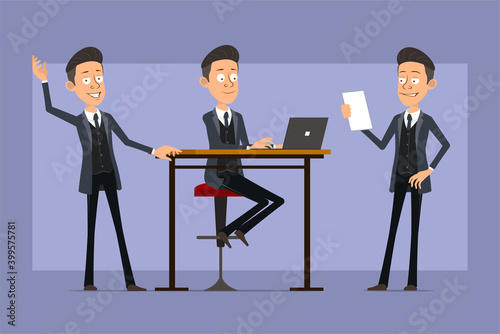 Cartoon flat funny mafia man character in black coat and sunglasses. Boy working on laptop, reading note and showing hello sign. Ready for animation. Isolated on violet background. Vector set.