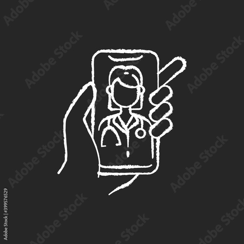 Video consultation chalk white icon on black background. Virtual visits with board-certified doctors. Video appointment. Trustworthy advice from expert. Isolated vector chalkboard illustration