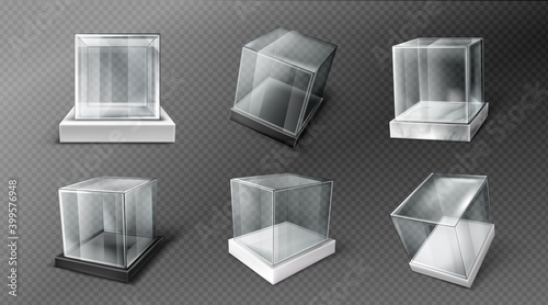 Glass cube boxes on black, white and marble stand. Empty clear square showcases on plastic podiums. Vector realistic mockup of 3d acrylic or plexiglass boxes isolated on transparent background