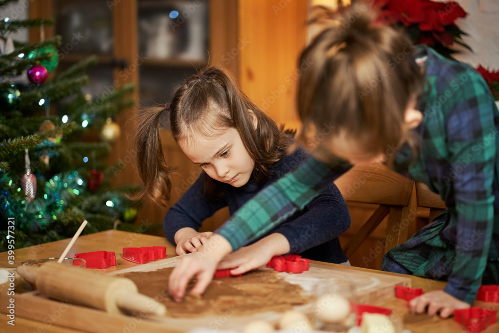 Fototapeta premium two cute sisters make and decorate Christmas gingerbread cookies