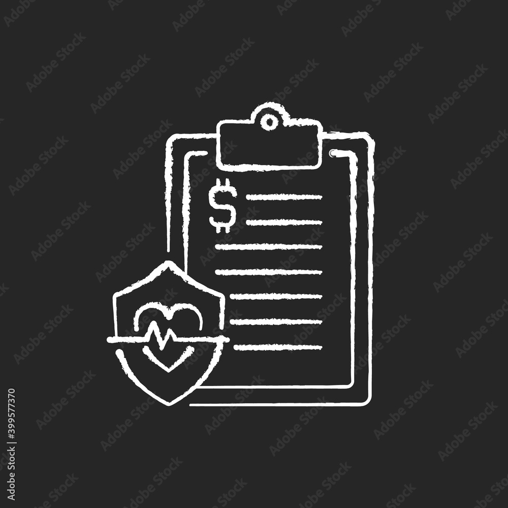 Insurance data chalk white icon on black background. Health insurance coverage. Paying for expenses, prescription drugs. Protection from high medical costs. Isolated vector chalkboard illustration Insurance data chalk white icon on black background. Health insurance coverage. Paying for expenses, prescription drugs. Protection from high medical costs. Isolated vector chalkboard illustration
