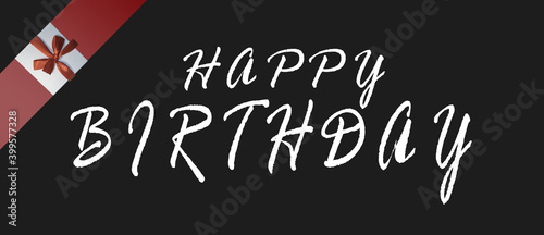 Happy Birthday. Black Background with congratulatory text. Gifts in the background