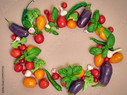 Frame of various vegetables on background, top view. Frame of organic food with space for text.