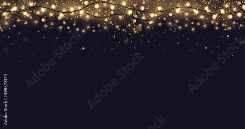 Festive vector background with gold glitter and confetti for christmas celebration. Dark background with glowing golden particles and light bulbs garlands.