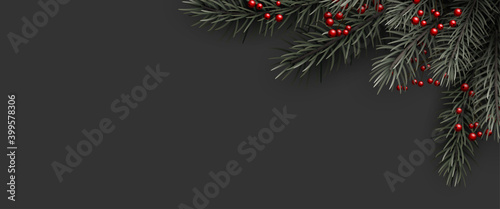 Spruce branches and red berries border.