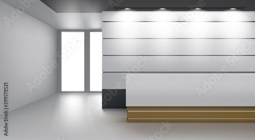 Reception interior, cozy foyer with modern desk, lamp illumination on ceiling and glass door. Empty hall or lobby area with soft light, contemporary decor rendering, Realistic 3d vector illustration photo