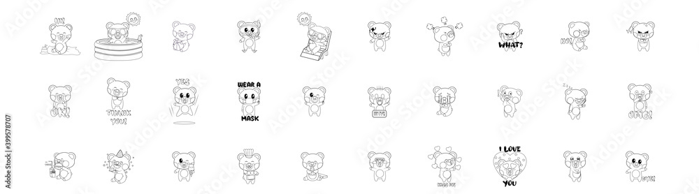 Set of bear cartoons with different emotions. Vector illustration