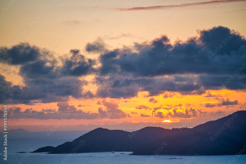 Amazing sunset in La Digue, Seychelles. Panoramic aerial view