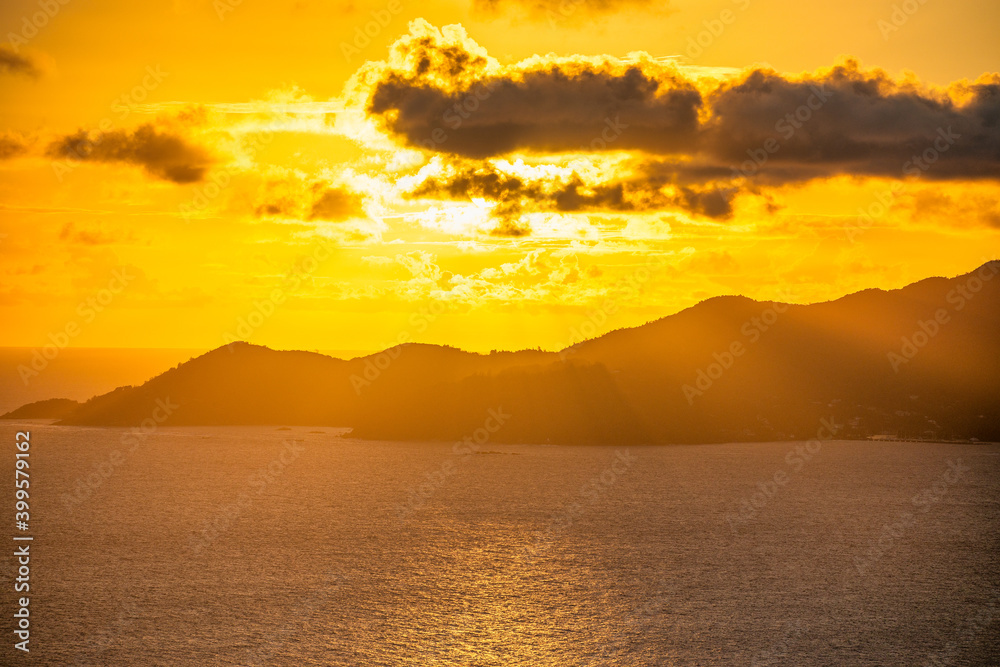 Amazing sunset in La Digue, Seychelles. Panoramic aerial view